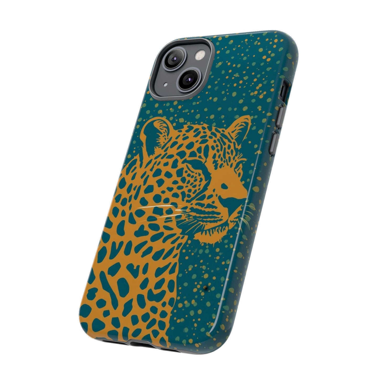 Leopard Print Tough Phone Case — Gold Panther on Teal, Protective iPhone Cover