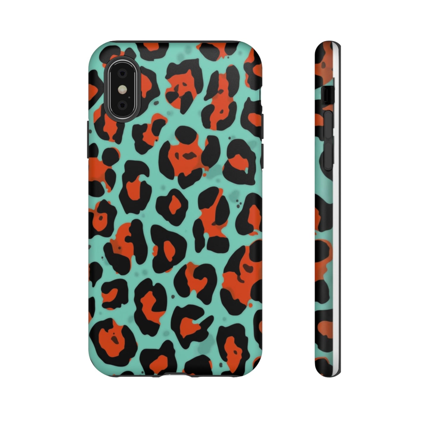 Leopard Print Tough Phone Case — Teal & Rust Protective iPhone Cover