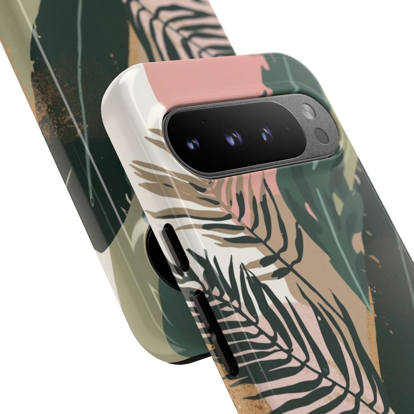 Tropical Leaf Tough Phone Case — Abstract Pink & Green Botanical Protective Cover