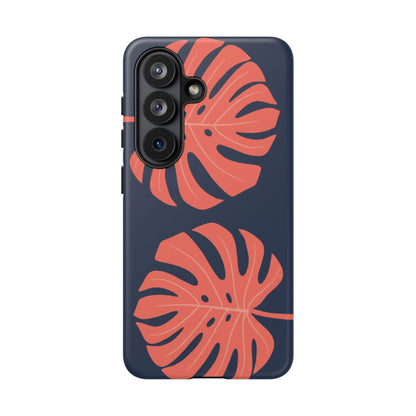 Monstera Leaf Tough Phone Case — Coral Leaves on Navy Protective Cover