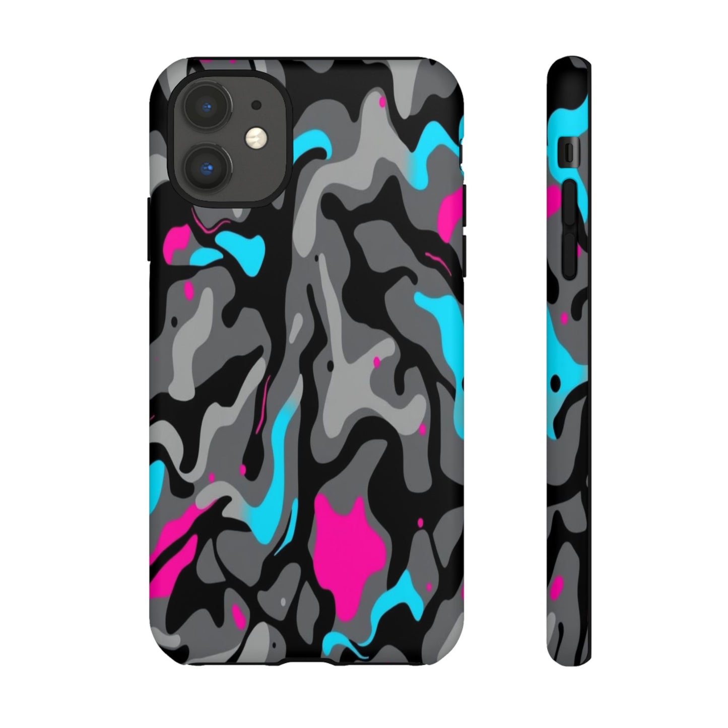 Camouflage Phone Case — Gray Camo with Neon Pink & Cyan Accent Tough Protective Cover