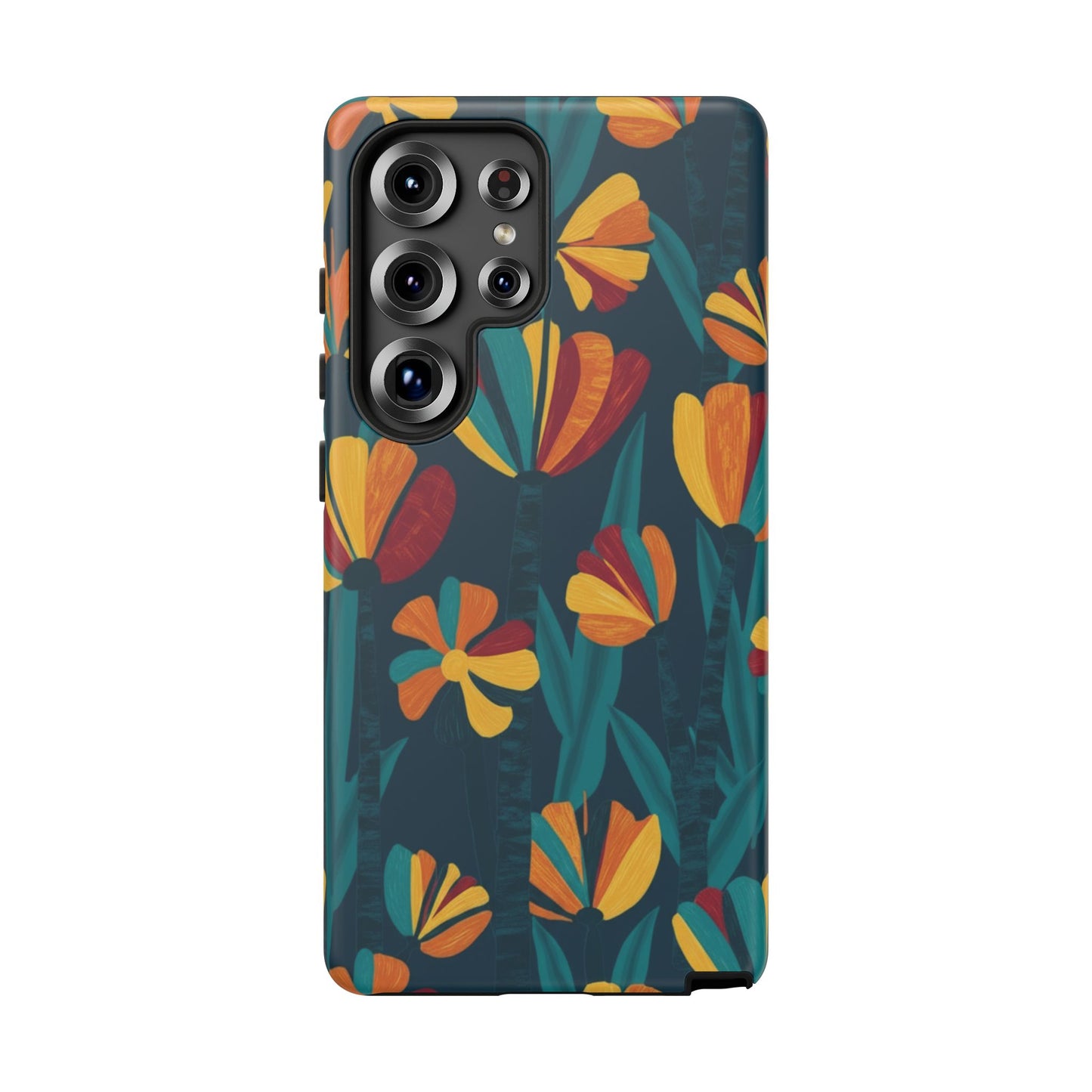 Floral Retro Teal Tough Phone Case — Vibrant Orange & Mustard Blooms