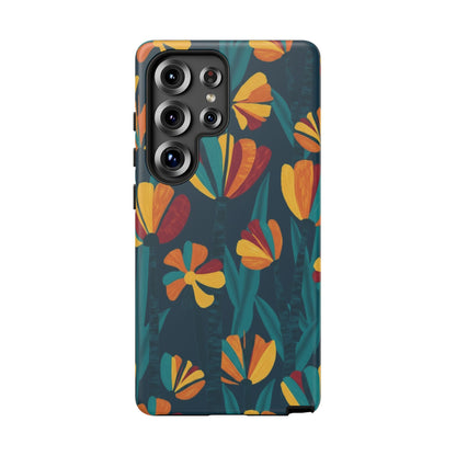 Floral Retro Teal Tough Phone Case — Vibrant Orange & Mustard Blooms
