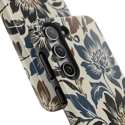 Floral Vintage Tough Phone Case — Blue & Brown Botanical Protection