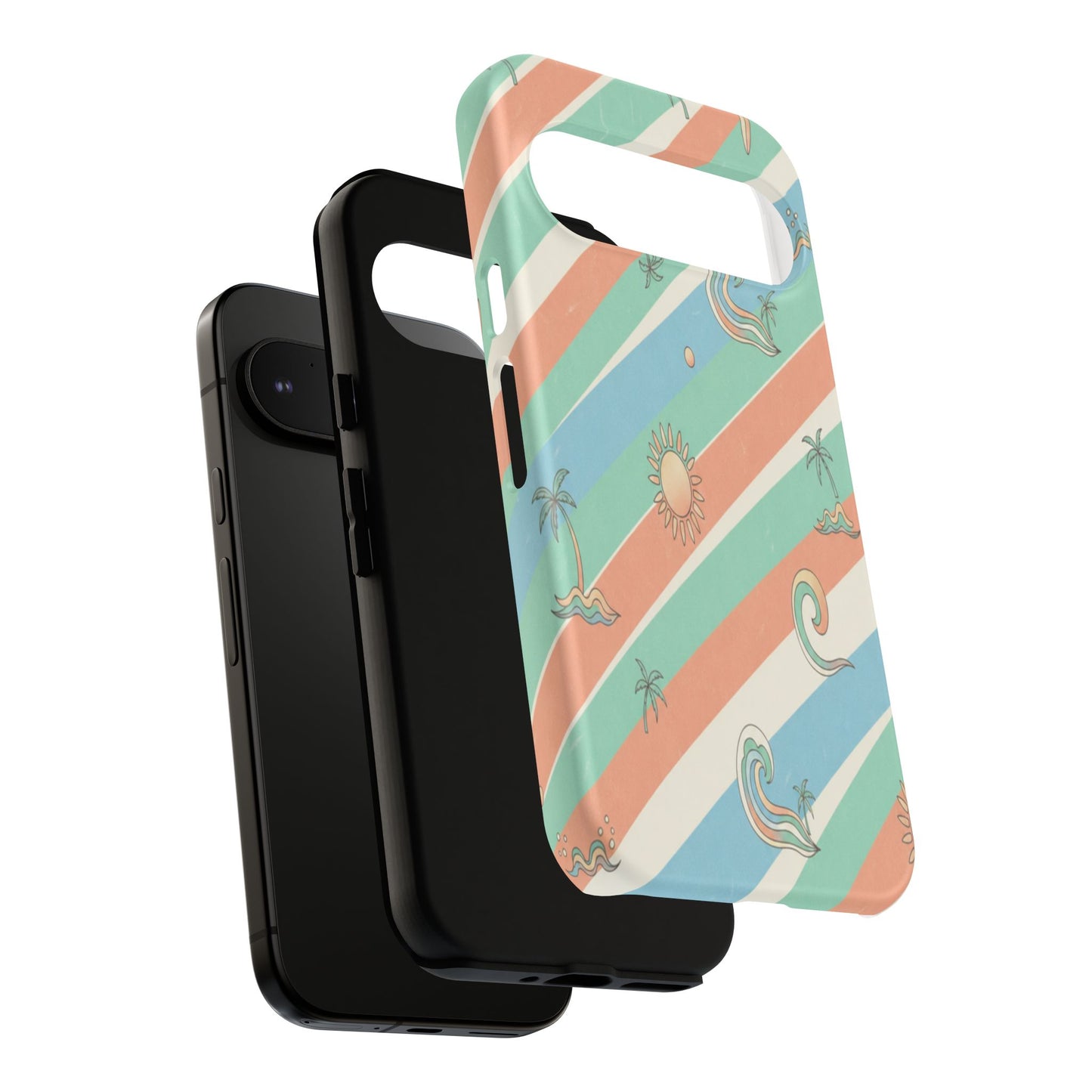 Retro Beach Stripes Phone Case — Sun, Waves & Palm Pattern Tough Case