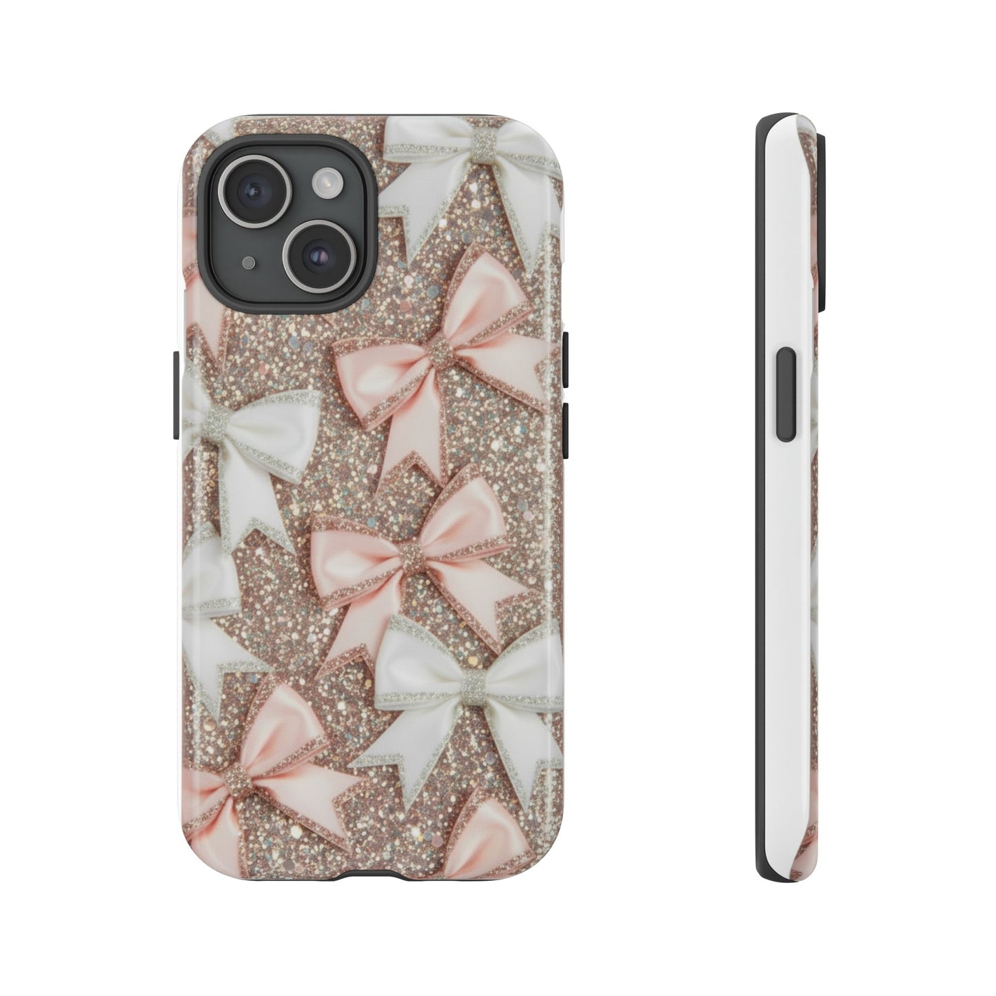 Glitter Bow Tough Phone Case — Pink & White Ribbon Protective Cover