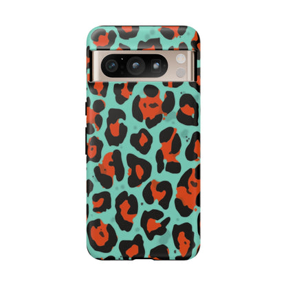 Leopard Print Tough Phone Case — Teal & Rust Protective iPhone Cover
