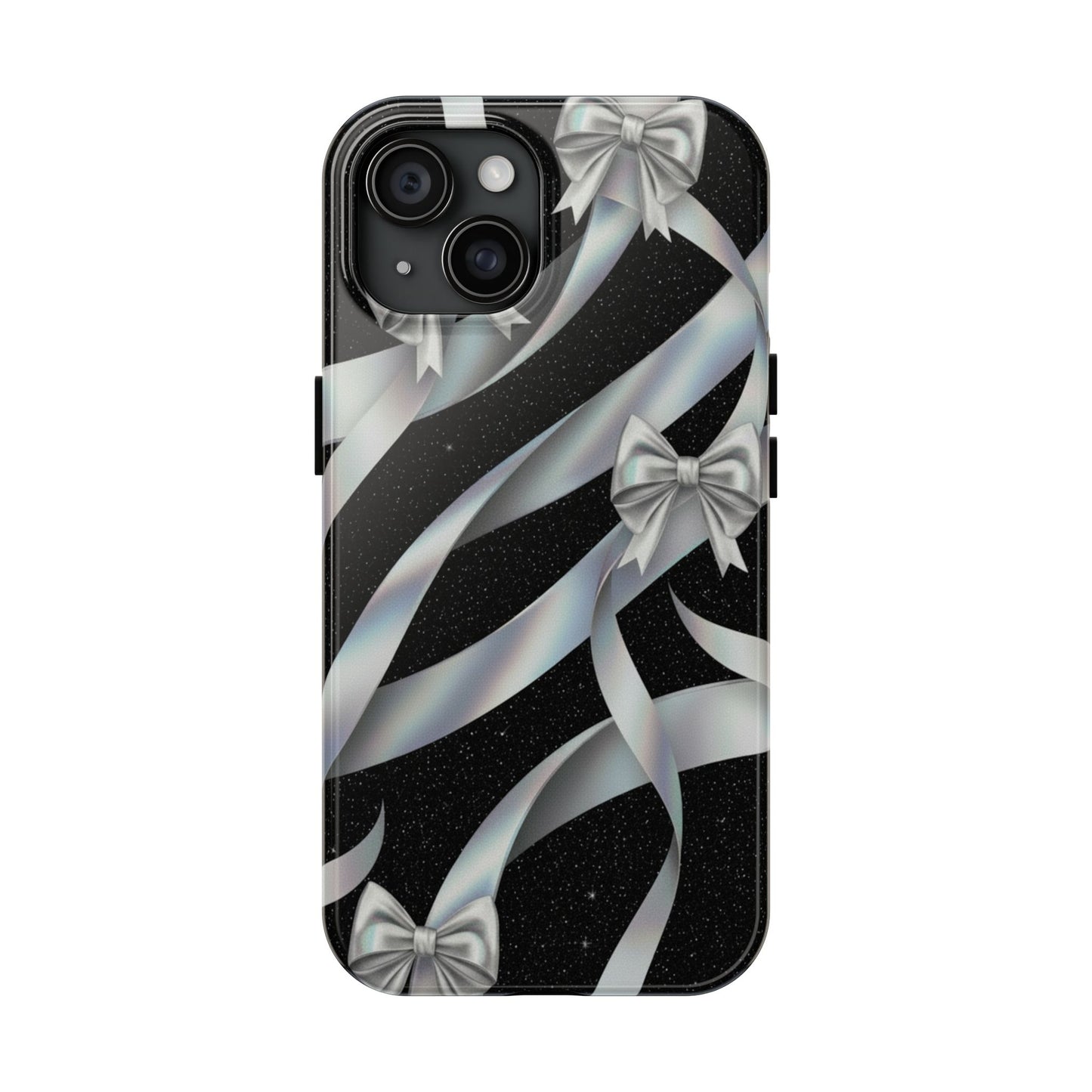 Silver Ribbon Bow Tough Phone Case — Glitter Black Protective Phone Case