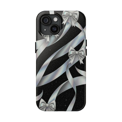 Silver Ribbon Bow Tough Phone Case — Glitter Black Protective Phone Case