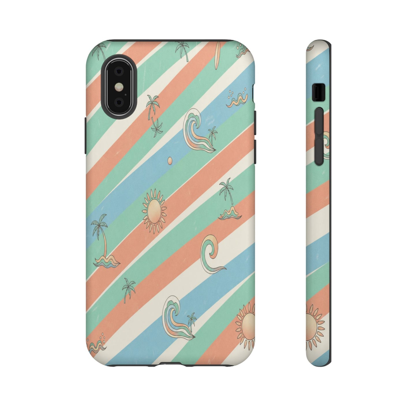 Retro Beach Stripes Phone Case — Sun, Waves & Palm Pattern Tough Case