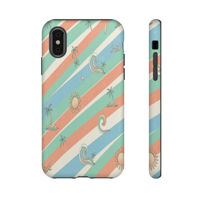 Retro Beach Stripes Phone Case — Sun, Waves & Palm Pattern Tough Case