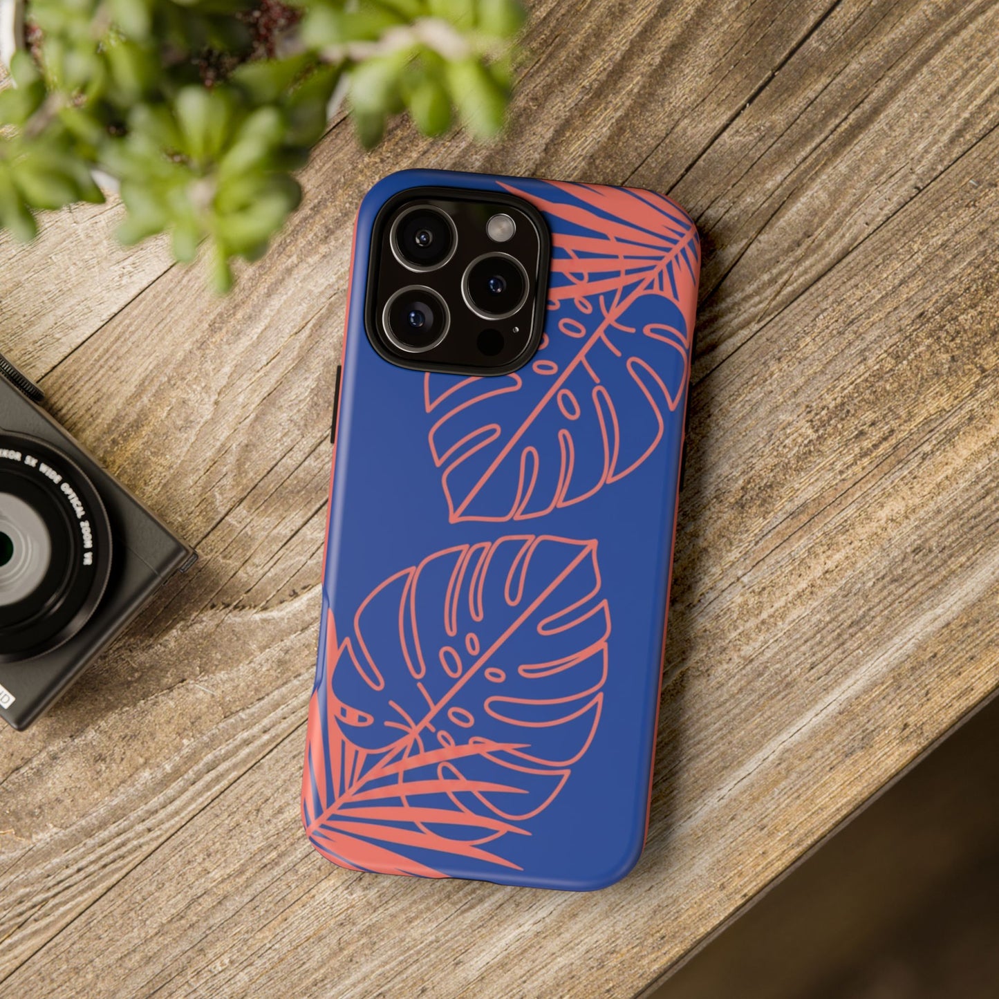 Tropical Monstera Phone Case — Blue & Coral Leaf Protective Cover