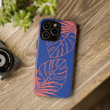 Tropical Monstera Phone Case — Blue & Coral Leaf Protective Cover