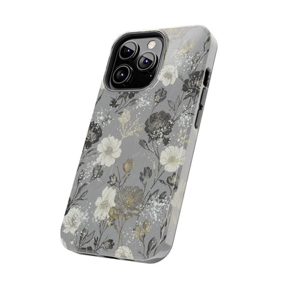 Floral Gray Tough Phone Case — Elegant Protective Phone Cover with Gold Accent