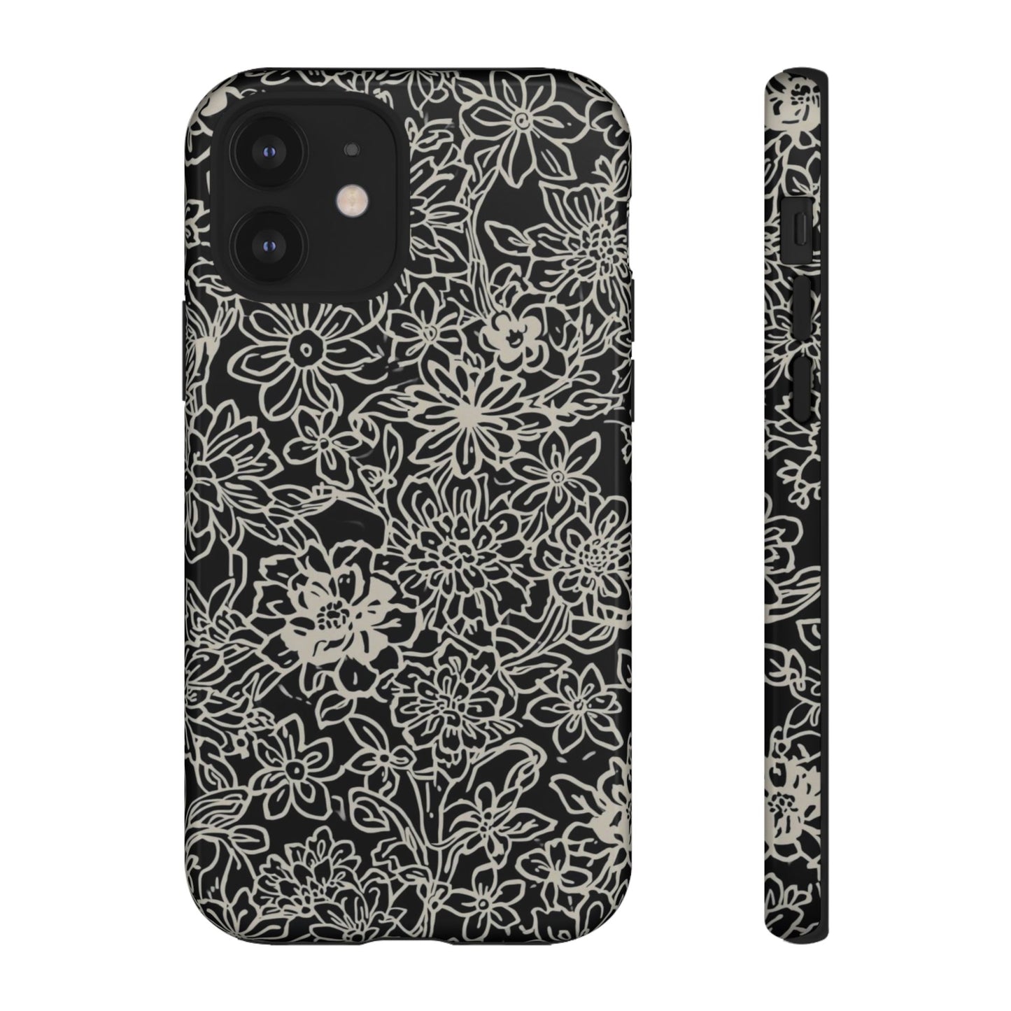 Floral Doodle Tough Phone Case — Black & White Sketch Flower Protective Cover