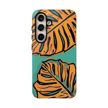 Tropical Leaf Tough Phone Case — Orange Monstera Design on Teal