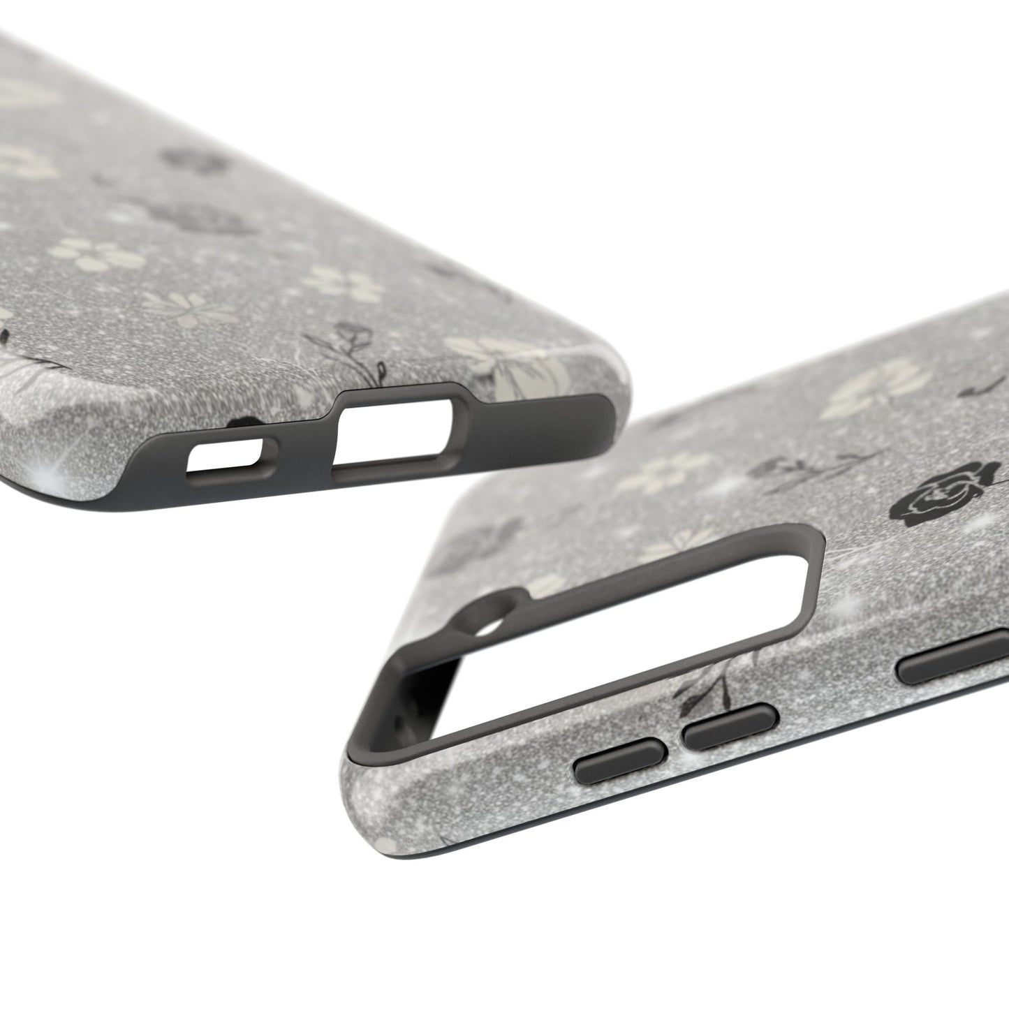 Floral Glitter Tough Phone Case — Black & Silver Vintage Flower Protective Cover