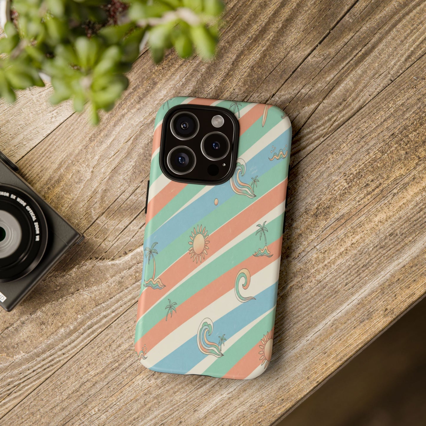 Retro Beach Stripes Phone Case — Sun, Waves & Palm Pattern Tough Case