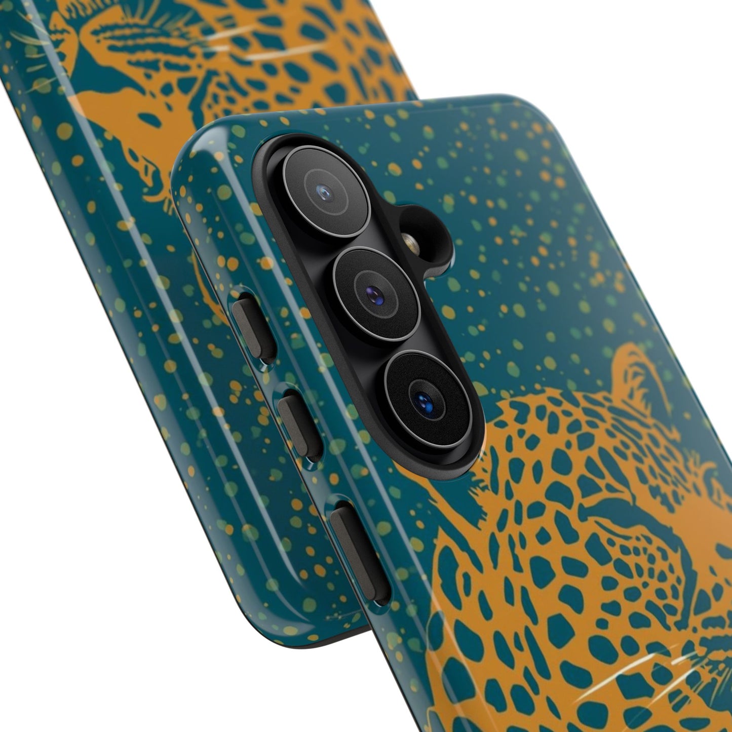 Leopard Print Tough Phone Case — Gold Panther on Teal, Protective iPhone Cover