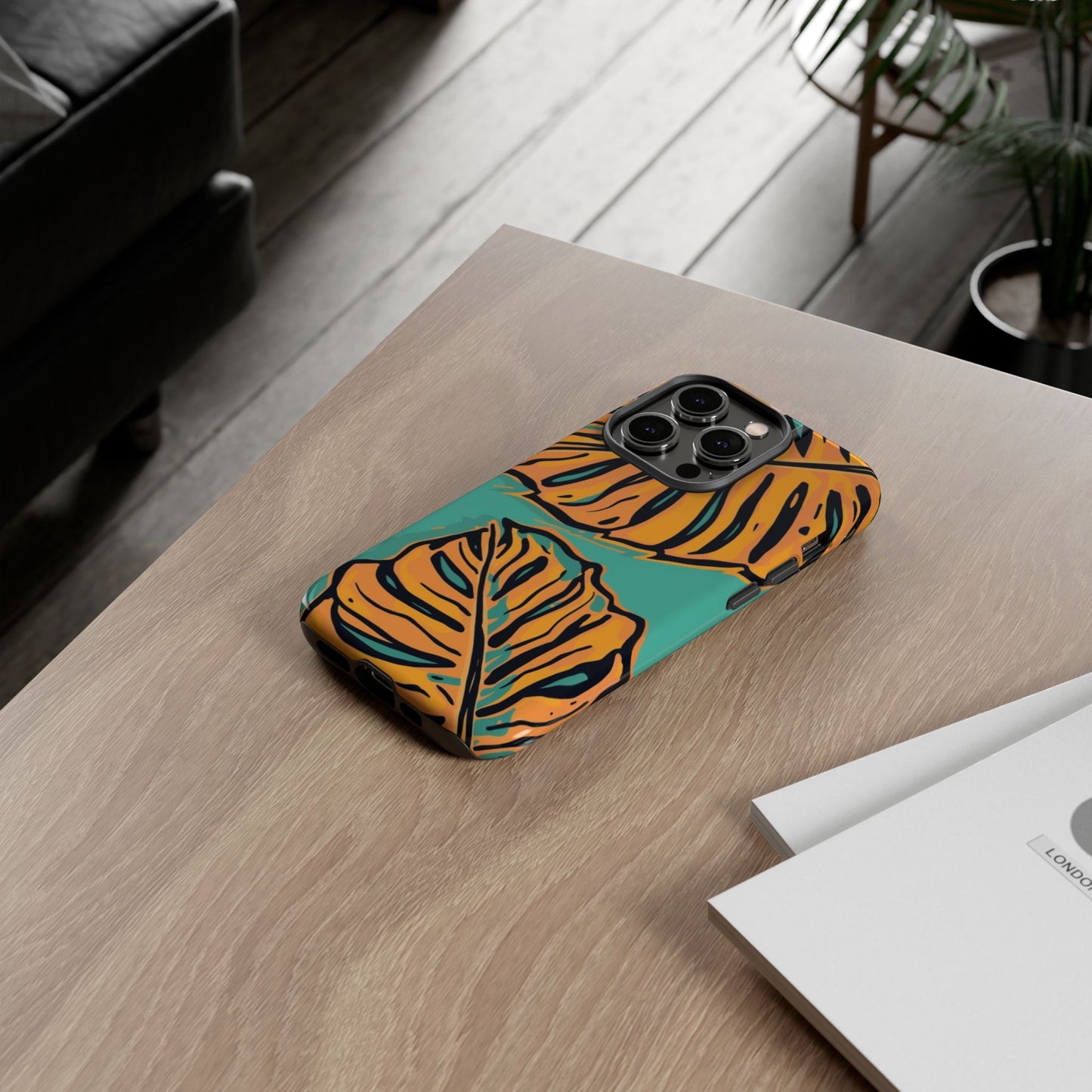 Tropical Leaf Tough Phone Case — Orange Monstera Design on Teal