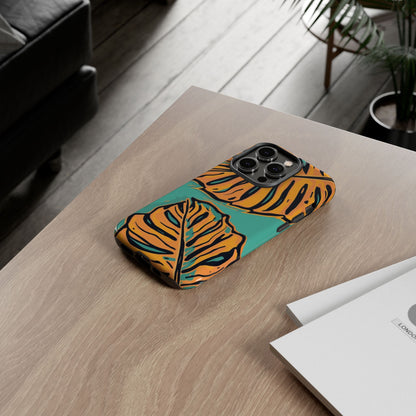 Tropical Leaf Tough Phone Case — Orange Monstera Design on Teal