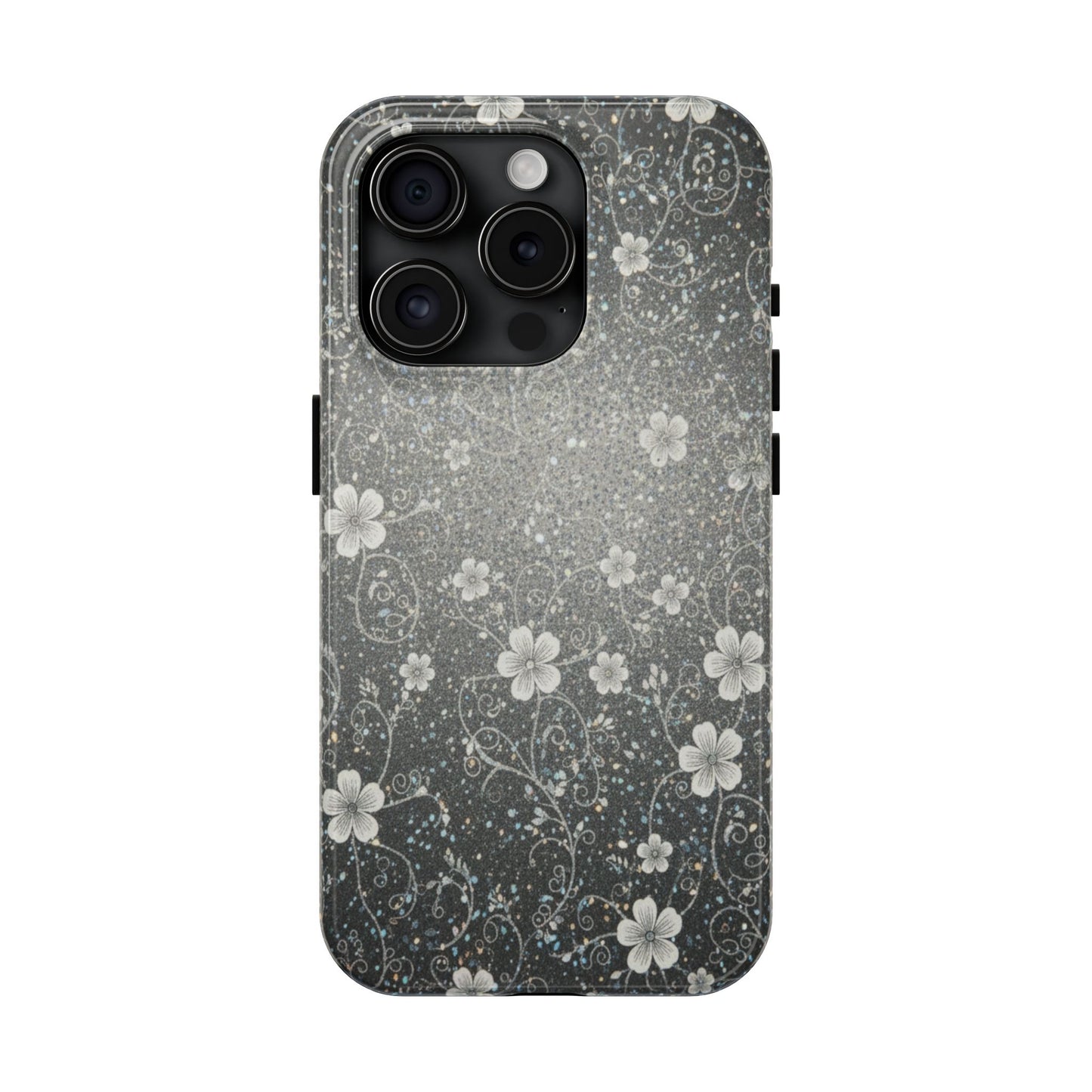 Floral Sparkle Tough Phone Case — Black & Silver Vintage Blossom