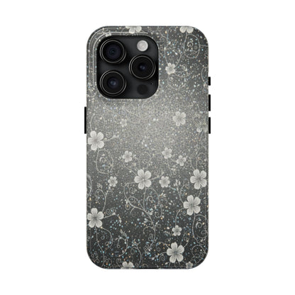 Floral Sparkle Tough Phone Case — Black & Silver Vintage Blossom