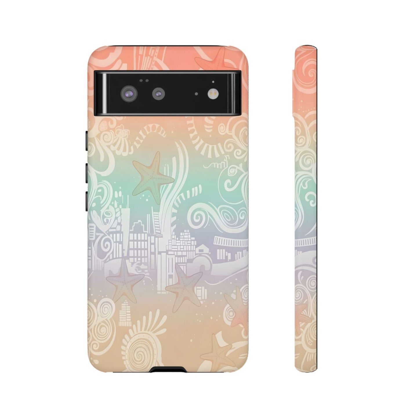 Tough Cases: Pastel Beach Pattern Phone Case — Starfish & Coastal Cityscape Protective Cover