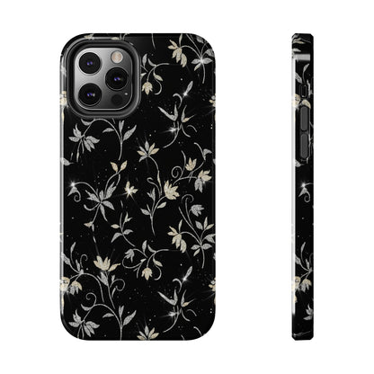 Floral Noir Tough Phone Case — Vintage Black Botanical Protective Cover