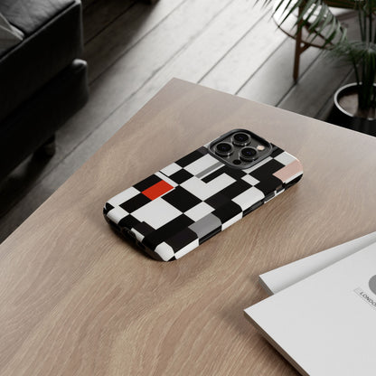 Abstract Geometric Phone Case – Black & White Checker Grid with Red Accent