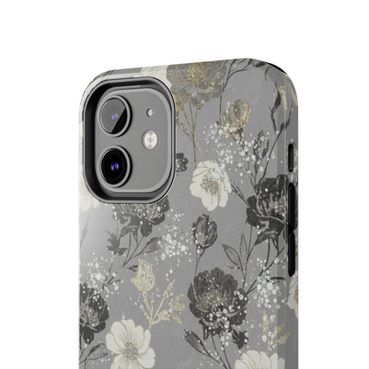 Floral Gray Tough Phone Case — Elegant Protective Phone Cover with Gold Accent