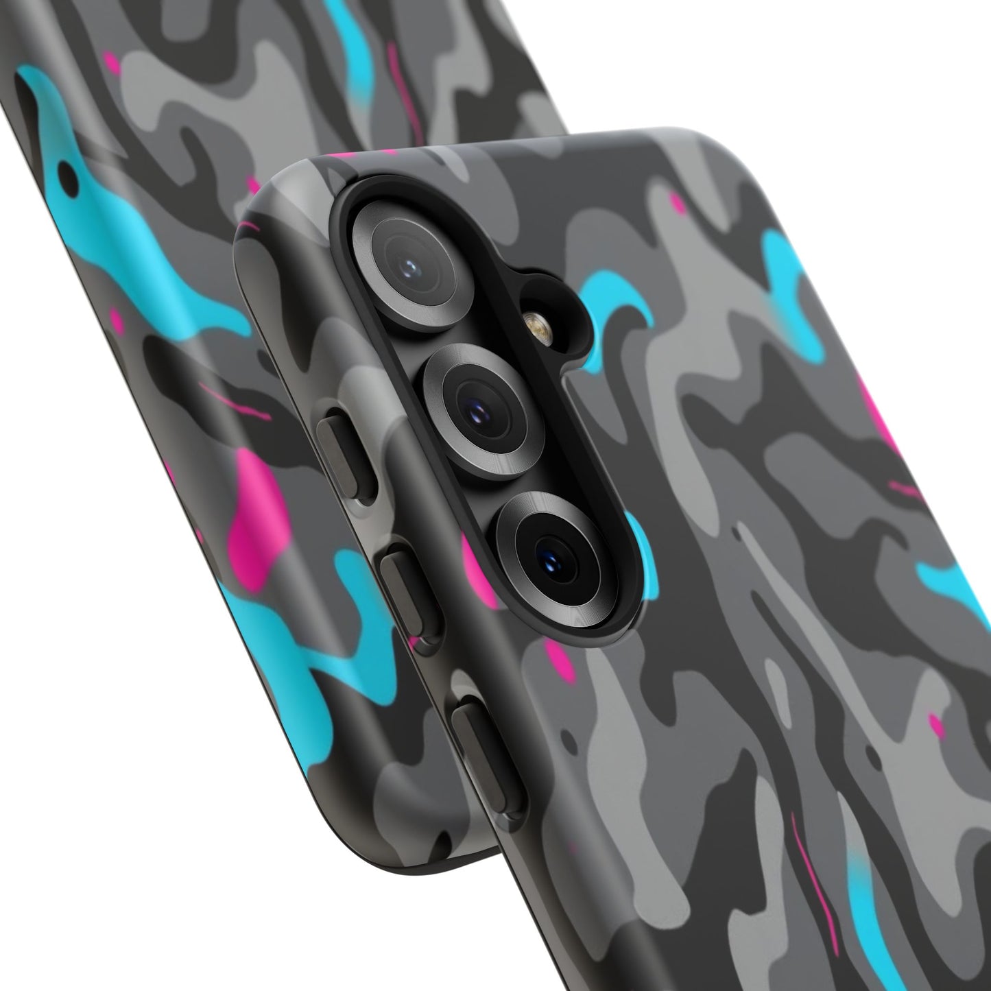 Camouflage Phone Case — Gray Camo with Neon Pink & Cyan Accent Tough Protective Cover