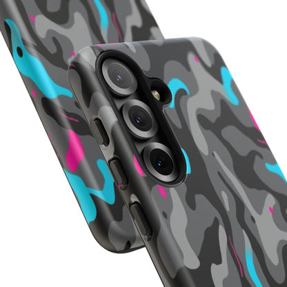 Camouflage Phone Case — Gray Camo with Neon Pink & Cyan Accent Tough Protective Cover