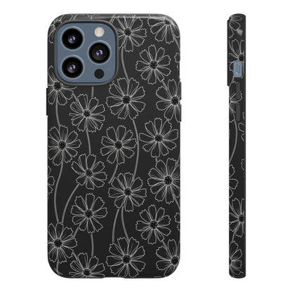 Floral Doodle Tough Phone Case — Black & Gray Daisy Pattern