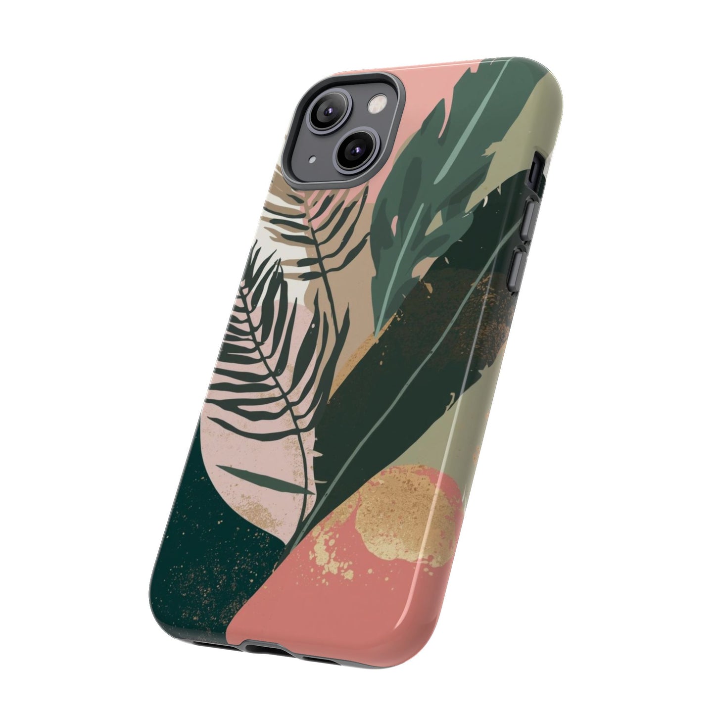 Tropical Leaf Tough Phone Case — Abstract Pink & Green Botanical Protective Cover