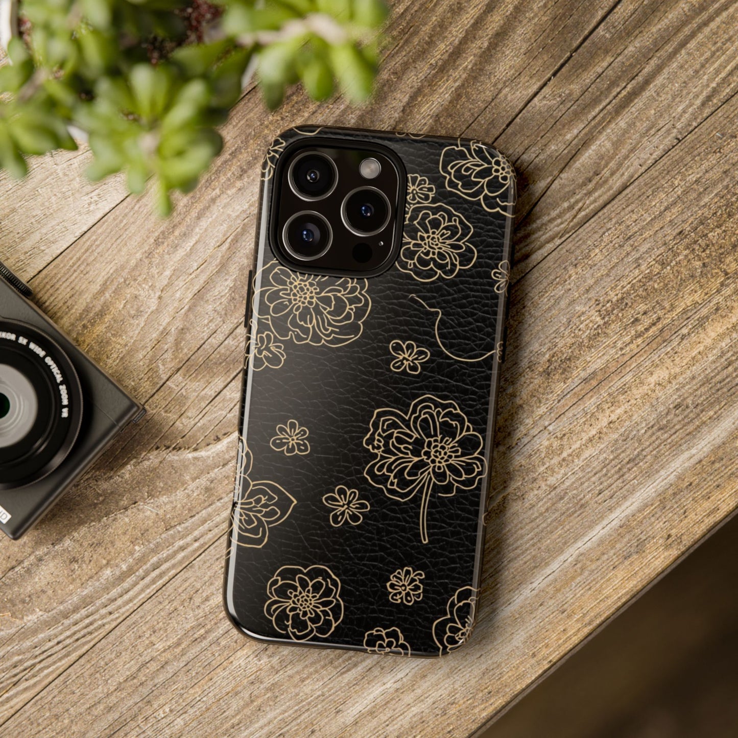 Floral Leather-Texture Tough Case – Black Gold Outline Phone Cover