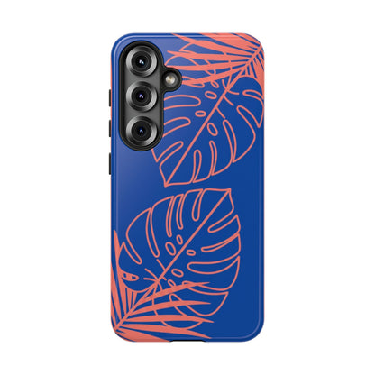 Tropical Monstera Phone Case — Blue & Coral Leaf Protective Cover