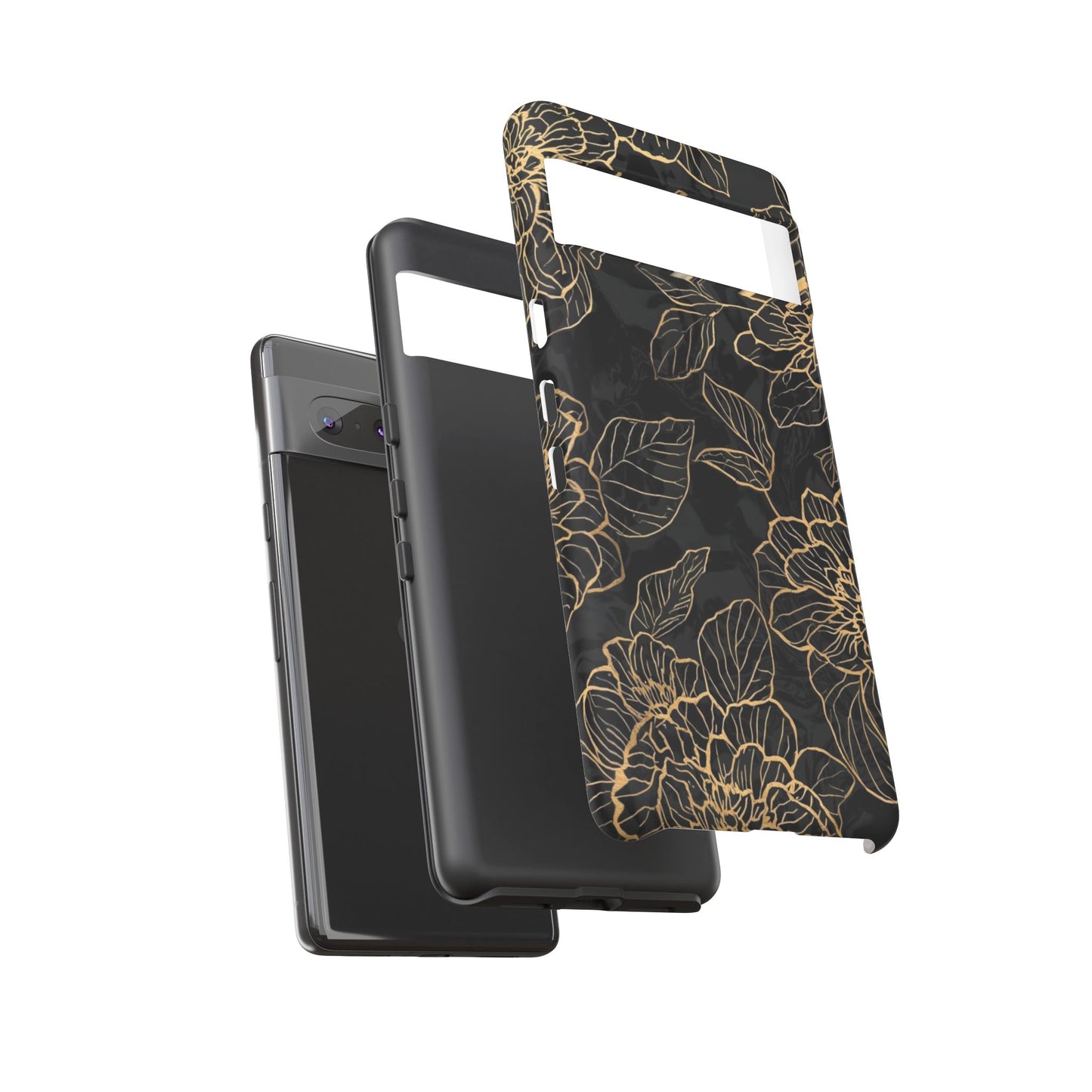 Floral Gold Outline Tough Phone Case – Black Botanical Protective Cover