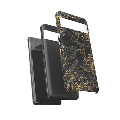 Floral Gold Outline Tough Phone Case – Black Botanical Protective Cover