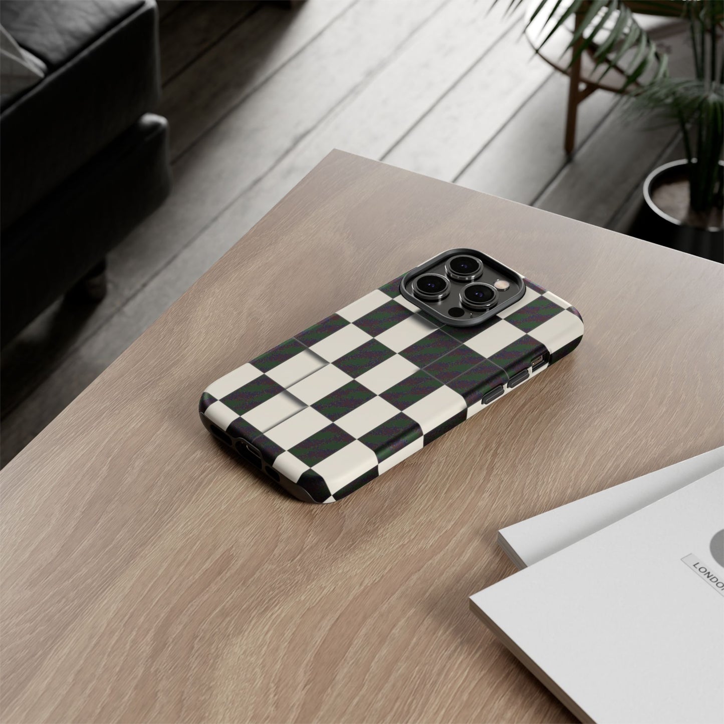 Checkerboard Tough Phone Case — Classic Black & Cream Grid Protective Cover