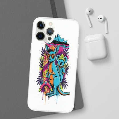 Kangaroo & Koala Surf Phone Case — Neon Aussie Beach Vibes Flexible Case