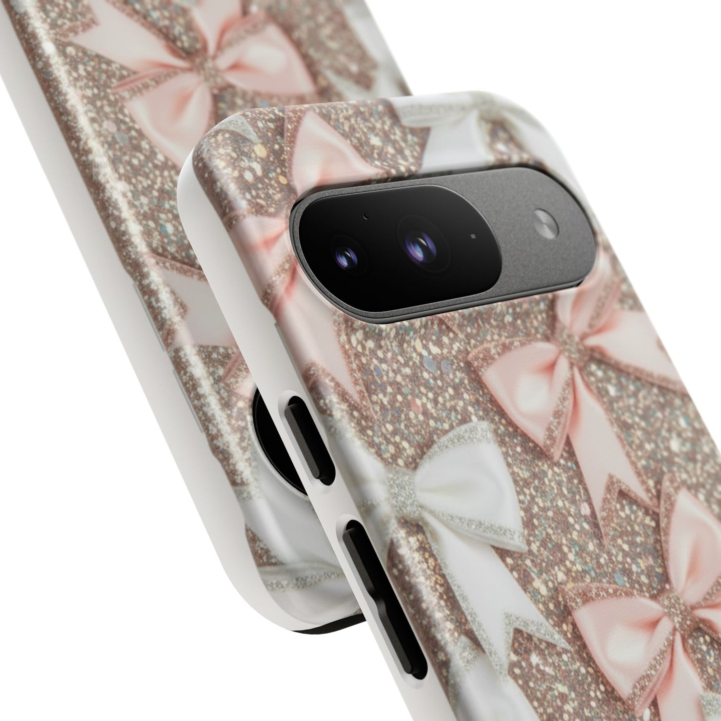 Glitter Bow Tough Phone Case — Pink & White Ribbon Protective Cover