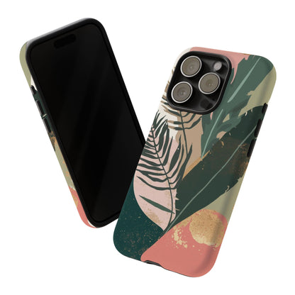 Tropical Leaf Tough Phone Case — Abstract Pink & Green Botanical Protective Cover