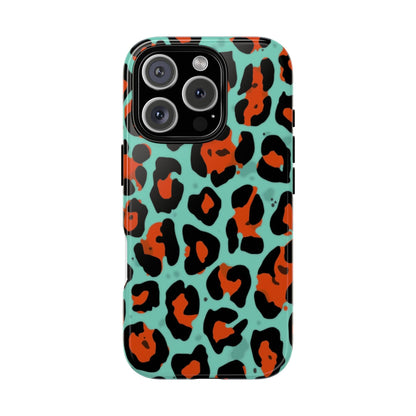 Leopard Print Tough Phone Case — Teal & Rust Protective iPhone Cover