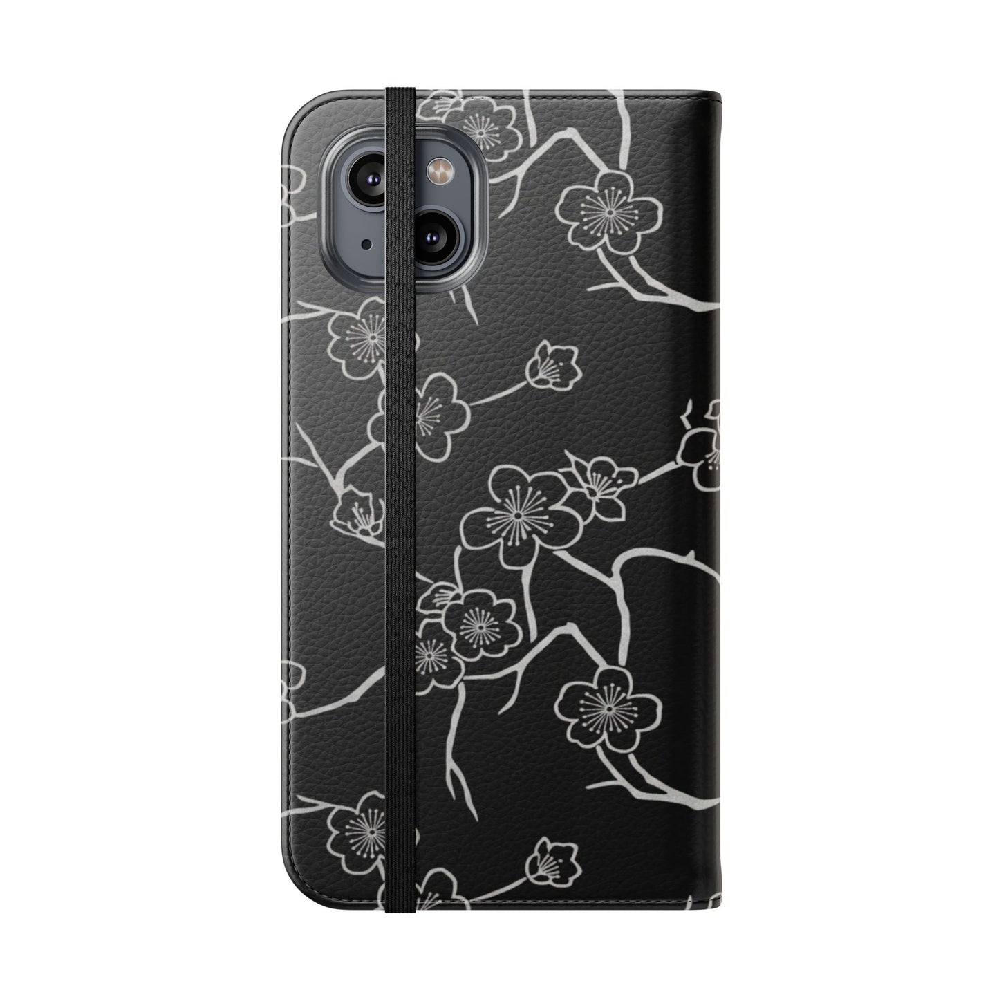 Black Cherry Blossom Flip Phone Case – Floral Wallet Flip Case with Card Slots