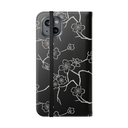 Black Cherry Blossom Flip Phone Case – Floral Wallet Flip Case with Card Slots