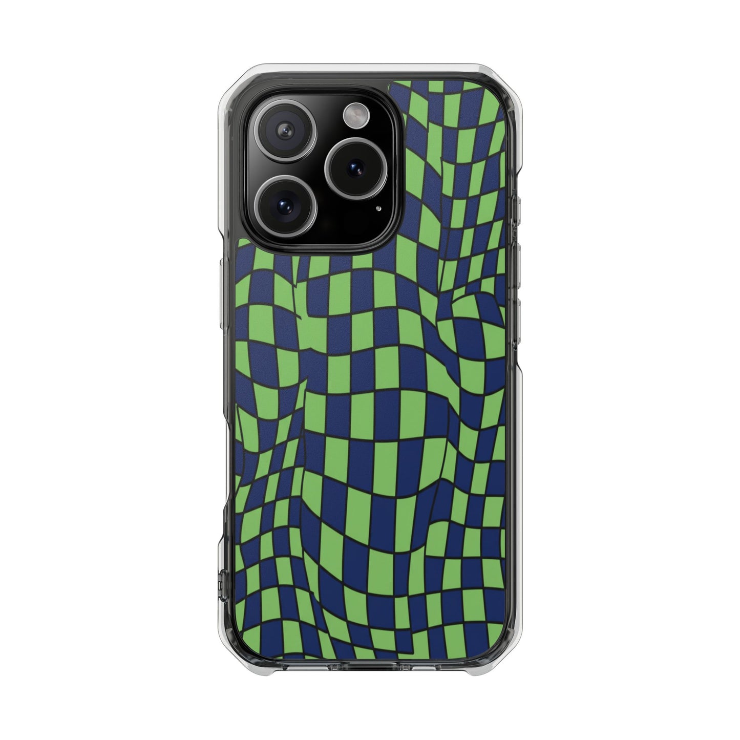 Clear Magnetic Phone Case — Green Distorted Checkerboard Design