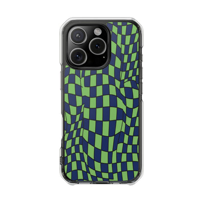 Clear Magnetic Phone Case — Green Distorted Checkerboard Design