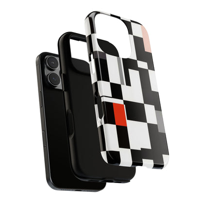 Abstract Geometric Phone Case – Black & White Checker Grid with Red Accent