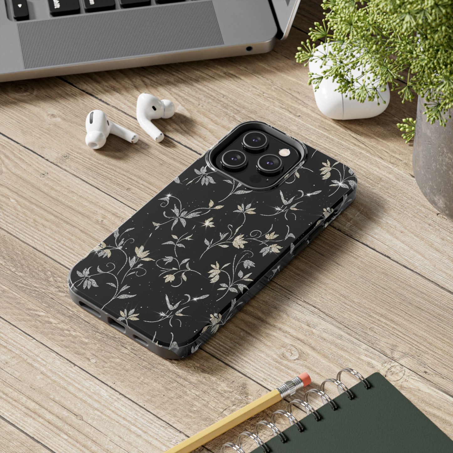 Floral Noir Tough Phone Case — Vintage Black Botanical Protective Cover